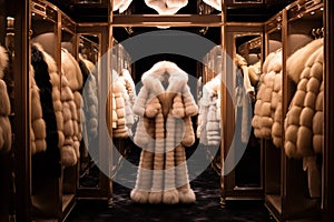 Expensive luxurious fur coats hanging in opulent walk-in closet. Generative AI