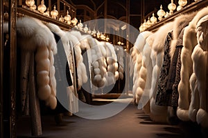 Expensive luxurious fur coats hanging in opulent walk-in closet. Generative AI
