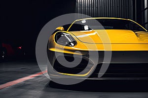 Expensive luxury yellow sports car on a dark background. Generative ai