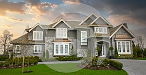 Expensive Mansion Grand Home House Maison Rock Stucco Front Exterior Cloudy Sunset Sky Background