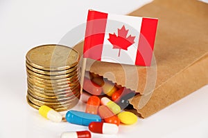 Expensive Medicine in Canada. Closeup brown bag with pills falling out, high cost, expensive healthcare