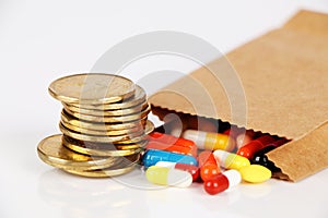 Expensive Medicine. Closeup brown bag with pills falling out, high cost, expensive healthcare