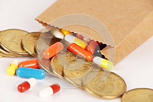 Expensive Medicine. Closeup brown bag with pills falling out, high cost, expensive healthcare