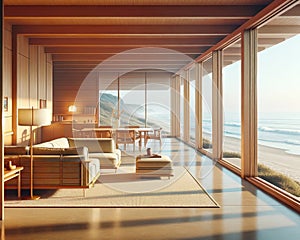 Expensive Oceanfront Property Vintage Retro Mid-Century Modern Home House interior Living Room Scenic Ocean AI Generated