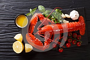 Expensive organic food: boiled lobster with lemon, garlic, fresh