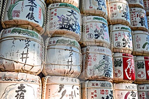 Expensive sake barrels stacked on each other in Tokyo Japan