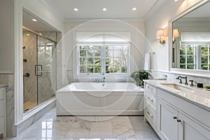 Expensive white bathroom with large rectangular bathtub