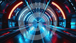 Experience abstract techno with a futuristic 3D tunnel, glowing in neon lights and perspective. 3d background abstract