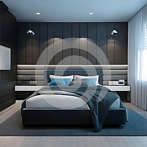 Serenity in Style: Modern Minimalist Blue and Black Bedroom Interior Design