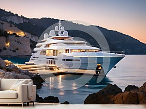Twilight Tranquility: Modern Megayacht Aglow in a Scenic Harbor photo