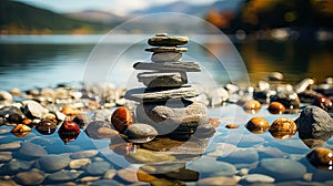 Experience the art of balance with rocks delicately stacked atop one another on moss covered stones.