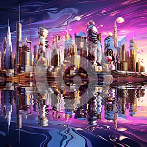 Futuristic city skyline with mesmerizing liquid mercury structures