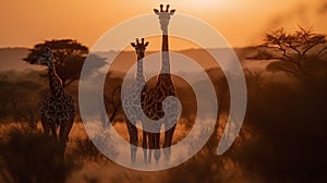 Experience the awe-inspiring presence of multiple giraffes against the canvas of the African savannah, their collective grace and