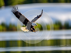 Majestic Bald Eagle Hovering Over a Pristine Lake High-Definition AI-Crafted Image photo