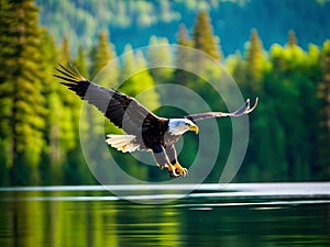Majestic Bald Eagle Hovering Over Serene Lake High-Definition AI-Crafted Image photo