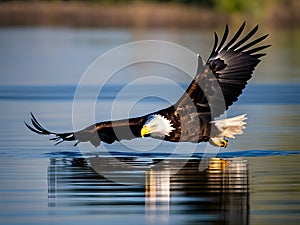 Majestic Bald Eagle Skimming Over Calm Waters High-Definition AI-Crafted Image photo