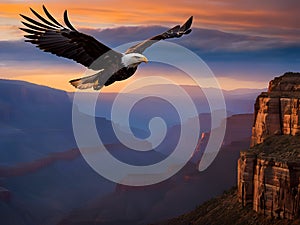 Majestic Bald Eagle Soaring Over Grand Canyon at Sunset photo