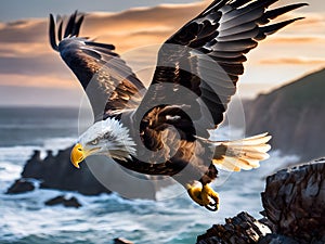 Epic Bald Eagle Soaring Over Rugged Coastline photo