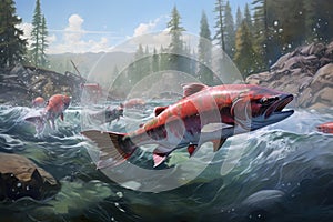 Experience the awe-inspiring sight of a salmon defying gravity as it leaps out of the water in this captivating nature artwork.,