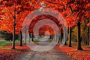 Experience the beauty of autumn on a picturesque road enveloped with vibrant fall foliage, A beautiful maple tree avenue glowing