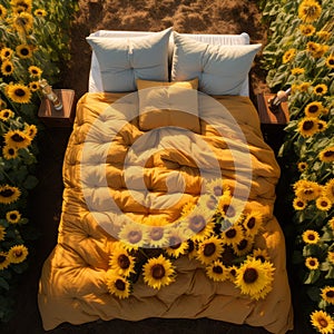 Sunlit Haven: Aerial Escape with a Kingsize Bed in Sunflowers photo