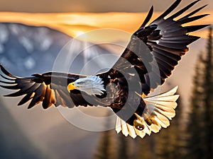 Majestic Bald Eagle Soaring Over Sunset Mountains High-Definition AI-Crafted Image photo