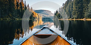 A peaceful canoe glides over calm waters. Lush green trees frame the serene landscape. This image captures the beauty of photo