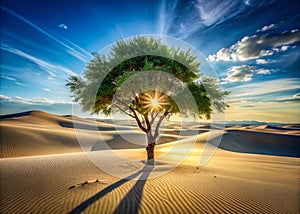 Mesmerizing AIGenerated Double Exposure A ThinTrunk Tree with Long Flowing Leaves Emerges from a Vast Sandy Desert