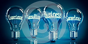 Experience, consulting, business, competence - shining four light bulbs - 3D illustration