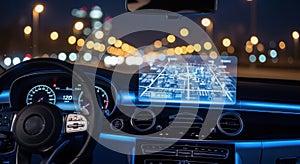 Futuristic Car Interior with Holographic Navigation at Night