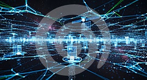 Futuristic digital network cityscape data flow technology and innovation