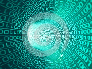 Experience the digital revolution as binary code rushes through a virtual cyberspace tunnel.