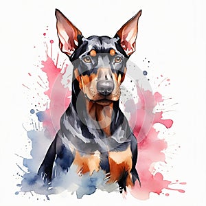 Watercolor Doberman clipart, aquarela style, blue and pink, colorful. Generative AI photo