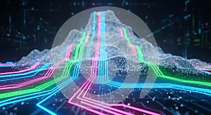Futuristic digital mountain data flow and technology landscape