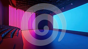 Experience an Empty theatre Room with Stage Lighting and Red & Blue Light Concept