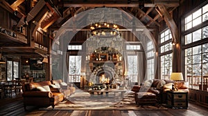 Experience the essence of fall in a roomy rustic lounge with wooden architecture, a warming fireplace, gentle lights photo