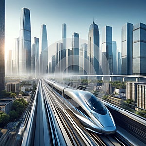 Speeding Through Tomorrow: Highspeed Train in Futuristic City photo