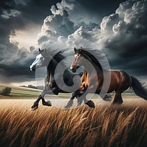 Dynamic Galloping: Two Horses Racing Amidst Dark Background