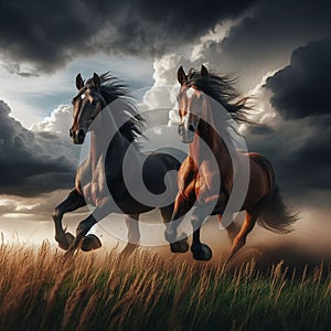 Dynamic Galloping: Two Horses Racing Amidst Dark Background