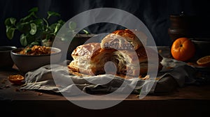 Experience the Flavors of Turkey with This Hot and Fresh BÃ¶rek. Ultra-DetAIed Food photography. Generative AI