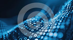 Experience the fusion of tech and art in this binary code visualization, featuring glowing dots on a serene blue backdrop