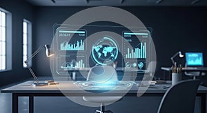 Futuristic holographic globe display in a high-tech command center with data visualizations