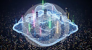 Futuristic holographic cloud computing network data transfer digital technology concept