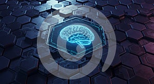 Futuristic glowing neon brain icon on dark hexagonal tech background, AI concept