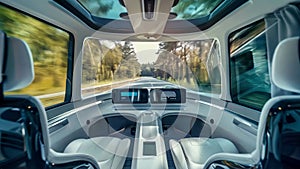 Experience the future of travel with 4K footage showcasing an autonomous vehicle's sleek interior gliding through a