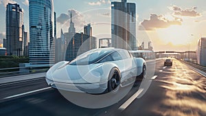 Experience the future of travel with a sleek autonomous vehicle gliding through a vibrant cityscape at sunset in