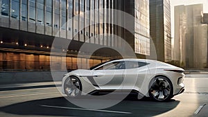 Experience the future of travel with a sleek autonomous vehicle gliding through a vibrant cityscape at sunset in