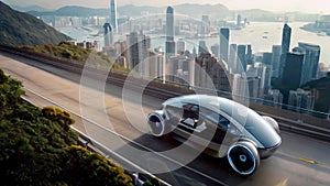 Experience the future of travel with a sleek autonomous vehicle gliding through a vibrant cityscape at sunset in