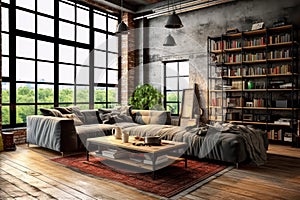 Experience the industrial elegance of a loft style living room