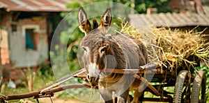 Donkey pulls cart laden with hay photo